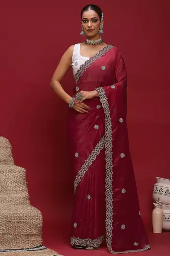 Red embellished zari tissue designer saree