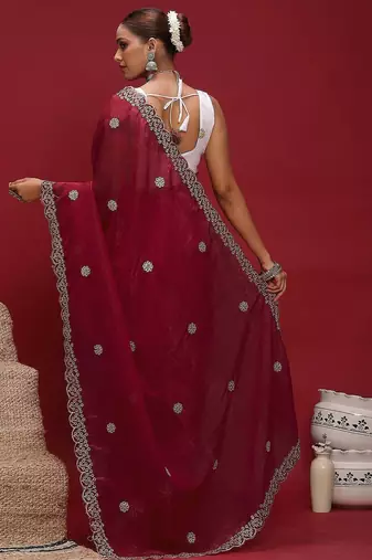 Red embellished zari tissue designer saree