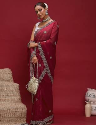 Red embellished zari tissue designer saree 3
