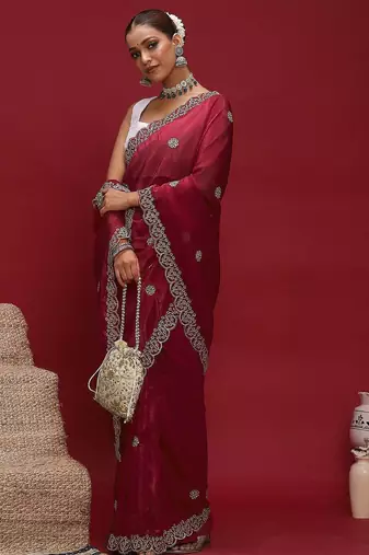 Red embellished zari tissue designer saree
