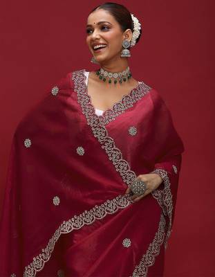 Red embellished zari tissue designer saree 4