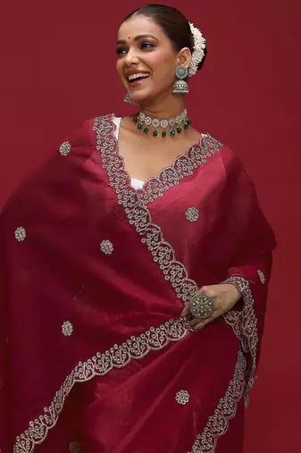 Red embellished zari tissue designer saree