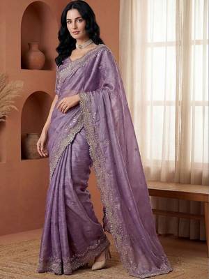 Lavender embellished embroidered  chiffon heavy work fashion saree 1