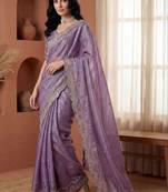 Lavender embellished embroidered  chiffon heavy work fashion saree