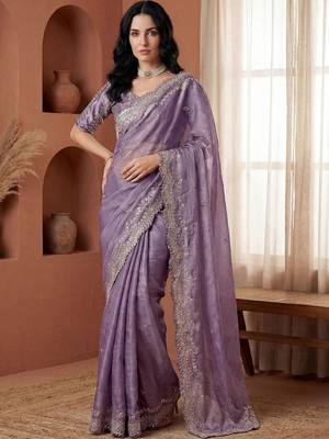 Lavender embellished embroidered  chiffon heavy work fashion saree 2