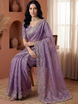 Lavender embellished embroidered  chiffon heavy work fashion saree 3