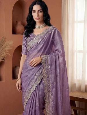 Lavender embellished embroidered  chiffon heavy work fashion saree 4