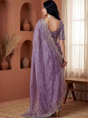 Lavender embellished embroidered  chiffon heavy work fashion saree 5