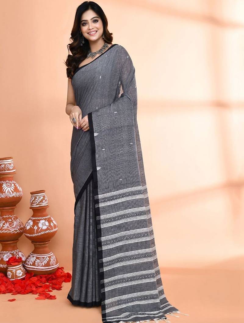 Grey  cotton taant saree