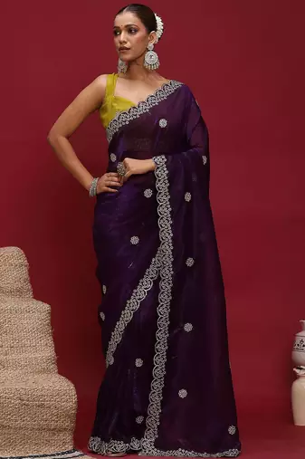 Purple embellished zari tissue designer saree