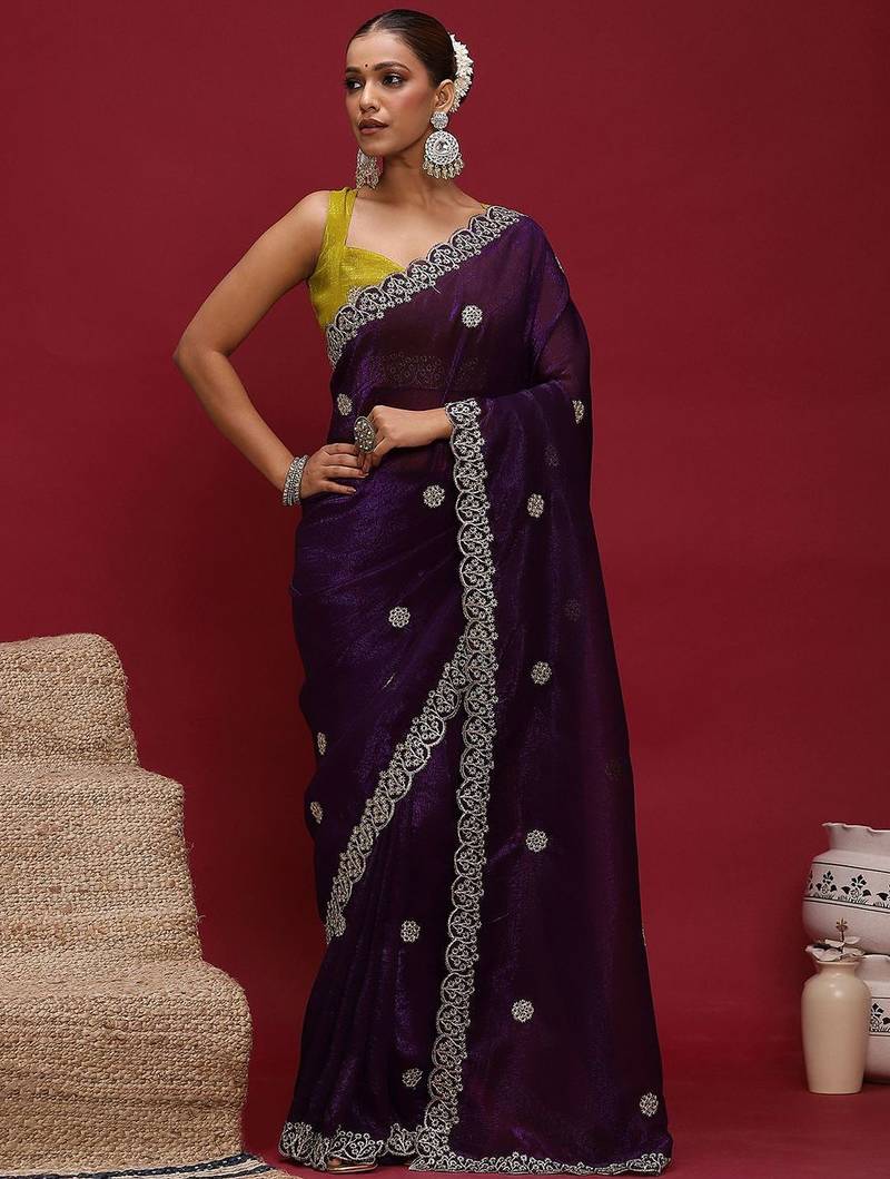 Purple embellished zari tissue designer saree