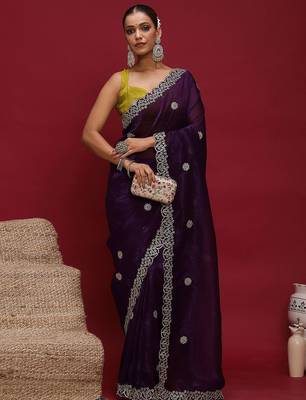 Purple embellished zari tissue designer saree 3
