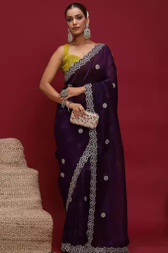 Purple embellished zari tissue designer saree