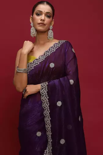 Purple embellished zari tissue designer saree