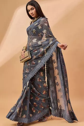 Grey embellished beads and stones saree