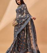 Grey embellished beads and stones saree