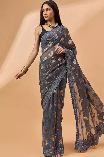 Grey embellished beads and stones saree
