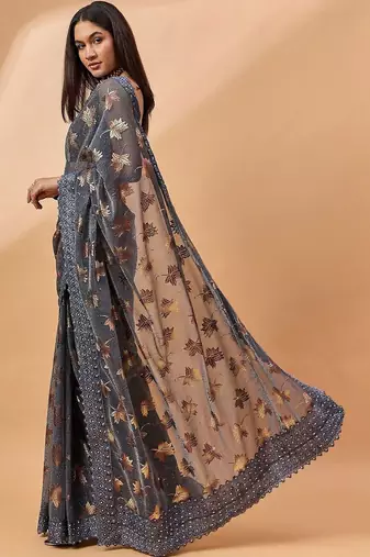 Grey embellished beads and stones saree