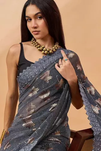 Grey embellished beads and stones saree