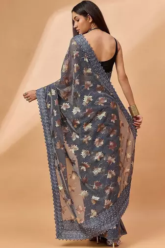 Grey embellished beads and stones saree