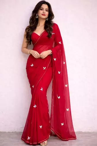 Red embroidered poly georgette saree