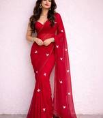 Red embroidered poly georgette saree