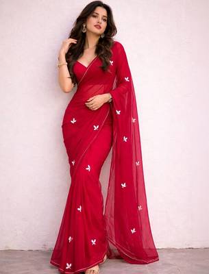 Red embroidered poly georgette saree 2