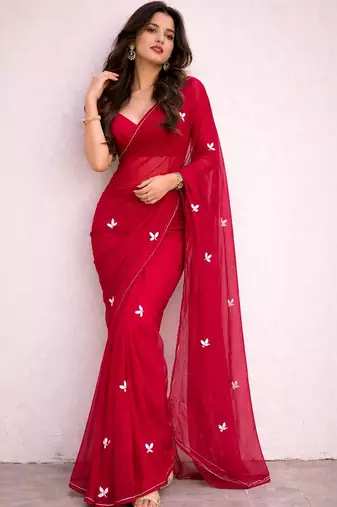 Red embroidered poly georgette saree