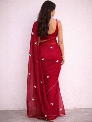 Red embroidered poly georgette saree 3
