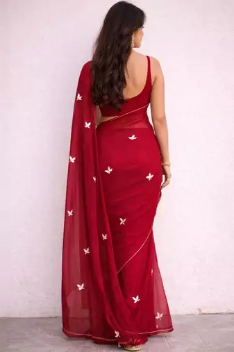 Red embroidered poly georgette saree