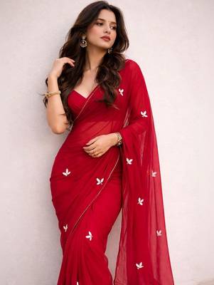 Red embroidered poly georgette saree 4