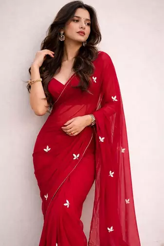 Red embroidered poly georgette saree