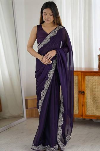 Purple embroidered border saree