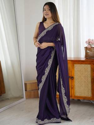 Purple embroidered border saree 2
