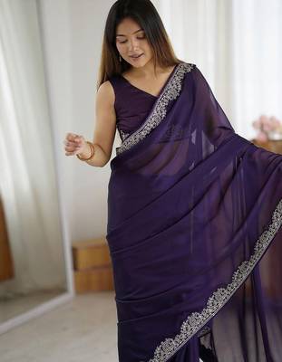 Purple embroidered border saree 5