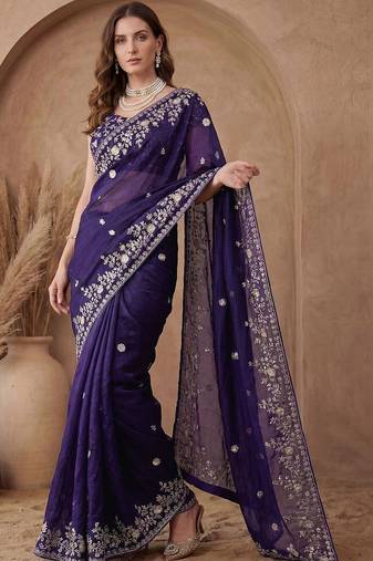 Purple embroidered tissue saree