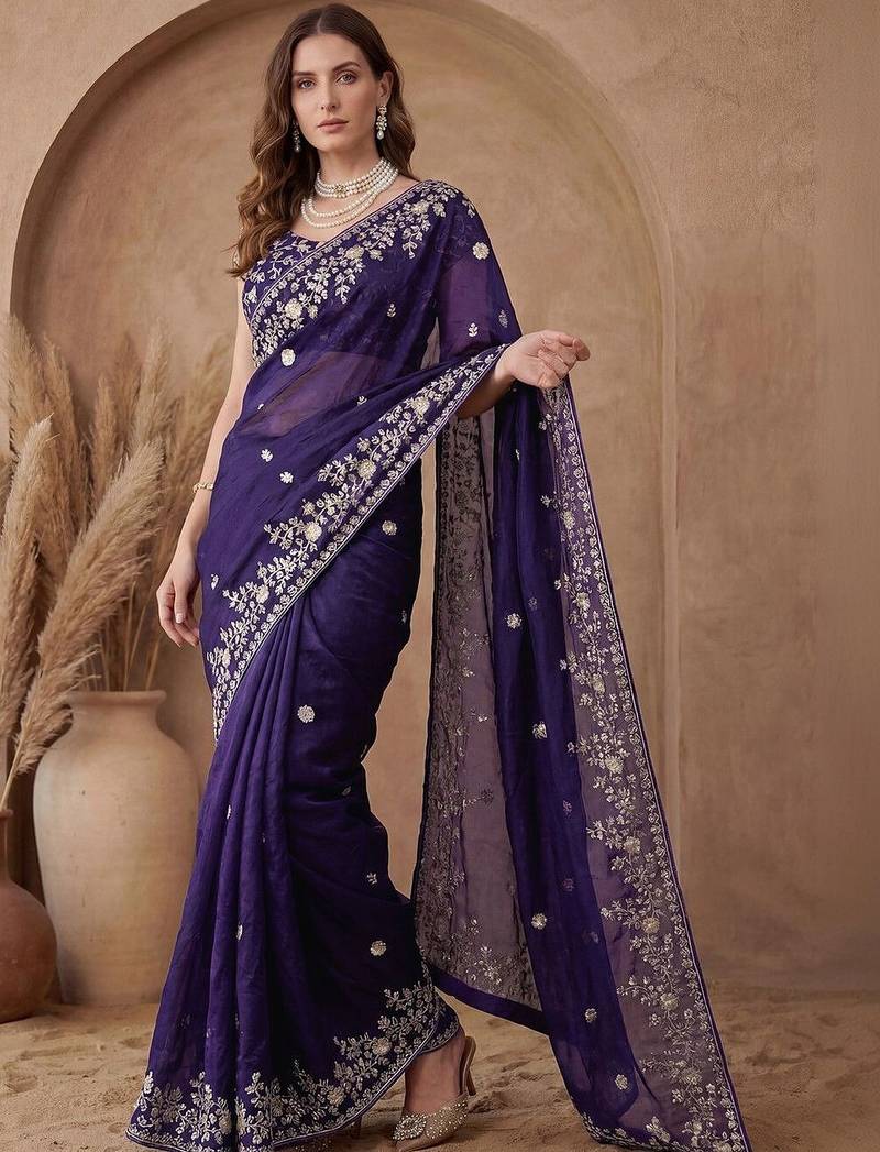Purple embroidered tissue saree