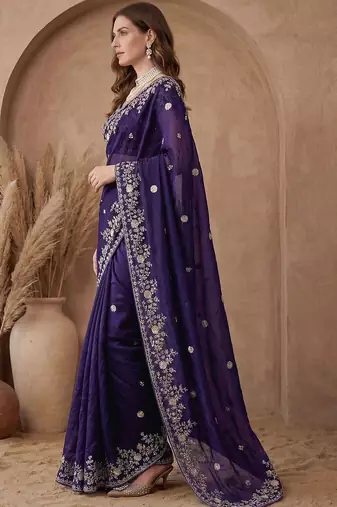 Purple embroidered tissue saree