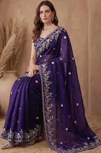 Purple embroidered tissue saree
