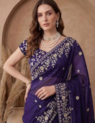 Purple embroidered tissue saree 4