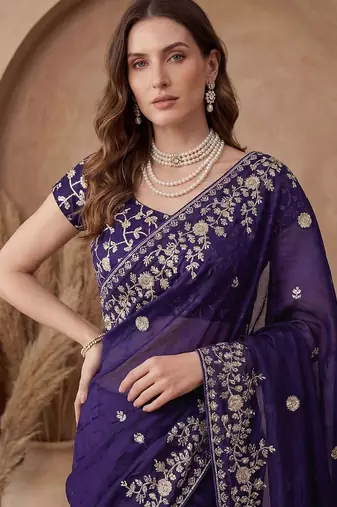 Purple embroidered tissue saree
