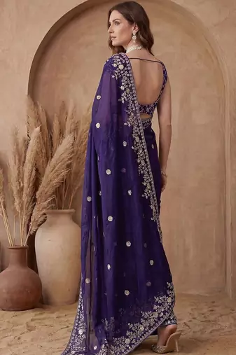 Purple embroidered tissue saree