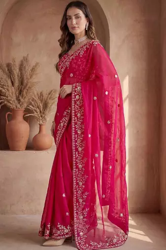 Pink embroidered tissue saree
