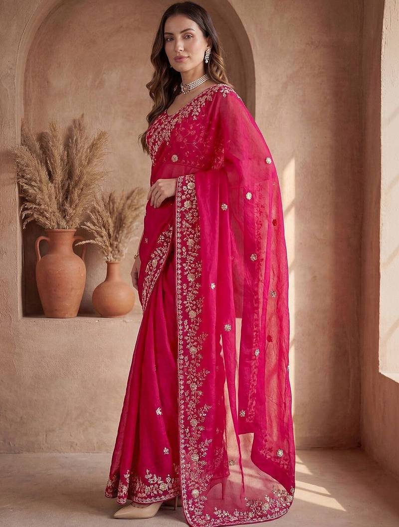 Pink embroidered tissue saree