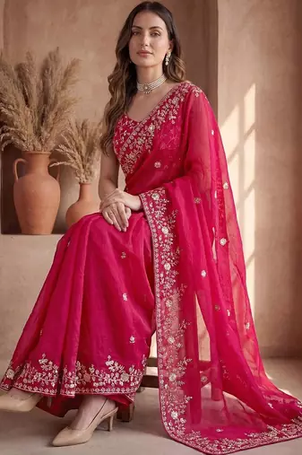 Pink embroidered tissue saree
