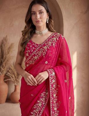 Pink embroidered tissue saree 4