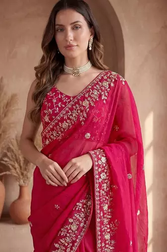 Pink embroidered tissue saree