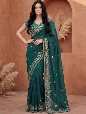 Teal embellished embroidered tissue heavy work fashion saree 1