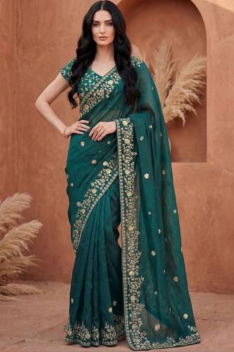 Teal embellished embroidered tissue heavy work fashion saree