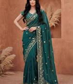 Teal embellished embroidered tissue heavy work fashion saree